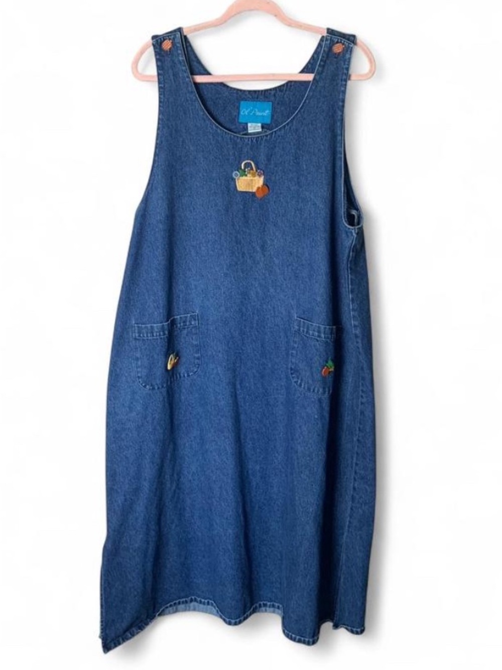Vintage Ol’ Paint Embroidered Denim Jumper Dress L EUC Pumpkin Buttons